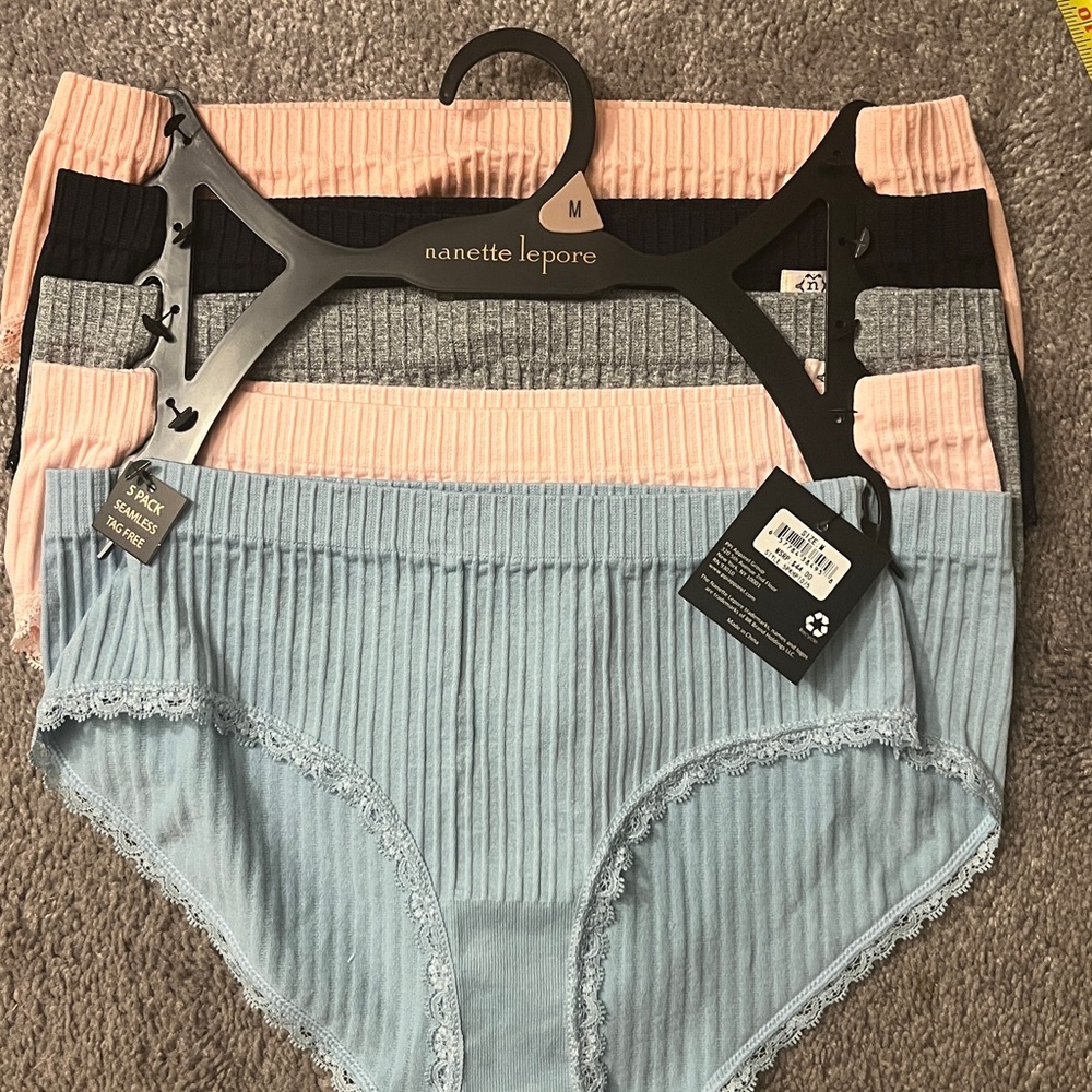Nanette Lepore Ribbed Panty Collection in Pink, Black, Gray, and Blue. Set of 5